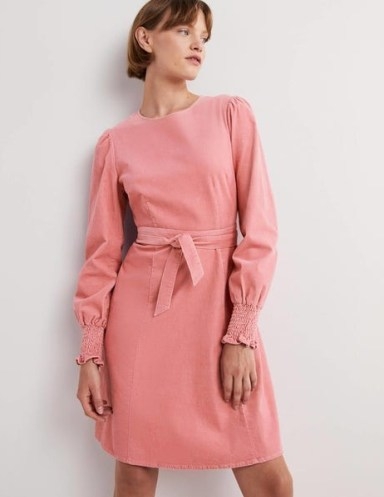 Boden Smocked Cuff Corduroy Dress Wild Rose ~ women’s cute pink-cord tie waist dresses - flipped
