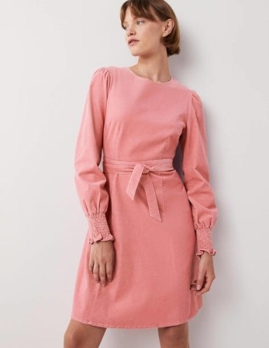 Boden Smocked Cuff Corduroy Dress Wild Rose ~ women’s cute pink-cord tie waist dresses