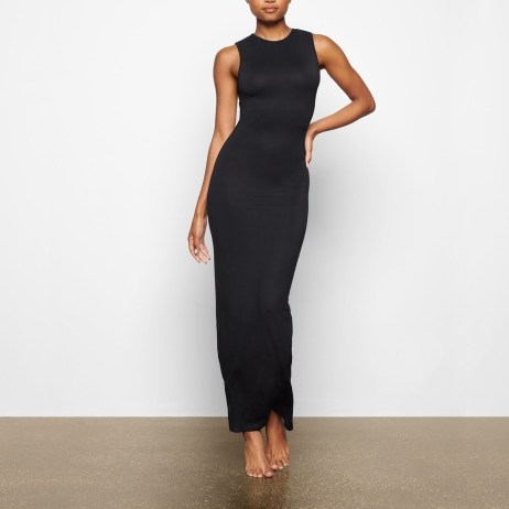 SKIMS SMOOTH LOUNGE CREW NECK SLEEVELESS DRESS in ONYX / slinky fitted maxi dresses / luxe loungewear - flipped