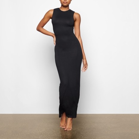 SKIMS SMOOTH LOUNGE CREW NECK SLEEVELESS DRESS in ONYX / slinky fitted maxi dresses / luxe loungewear