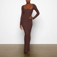 SKIMS SOFT LOUNGE LONG SLEEVE DRESS in COCOA slinky brown loungewear maxi dresses