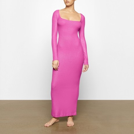 SKIMS SOFT LOUNGE SHIMMER LONG SLEEVE DRESS FUCHSIA / fitted maxi dresses / luxe loungewear fashion - flipped