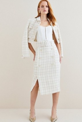 KAREN MILLEN Sparkle Tweed Button Pencil Skirt in Ivory / textured belted waist midi skirts / chic checked clothes - flipped
