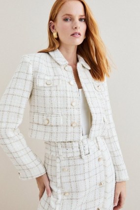 KAREN MILLEN Sparkle Tweed Pocket Trophy Jacket in Ivory / chic checked jackets / women’s classic vintage inspired outerwear - flipped