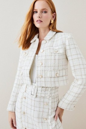 KAREN MILLEN Sparkle Tweed Pocket Trophy Jacket in Ivory / chic checked jackets / women’s classic vintage inspired outerwear