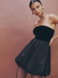 Reformation St. Louis Velvet Dress in Black – strapless bubble hem mini dresses – bandeau party fashion