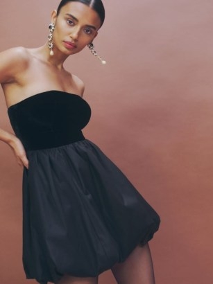 Reformation St. Louis Velvet Dress in Black – strapless bubble hem mini dresses – bandeau party fashion - flipped