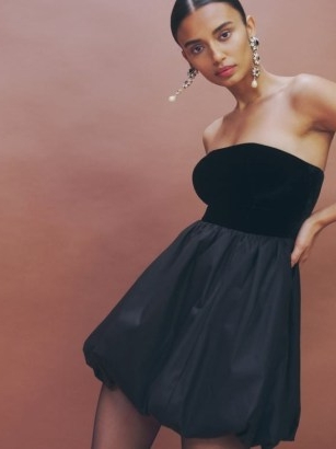 Reformation St. Louis Velvet Dress in Black – strapless bubble hem mini dresses – bandeau party fashion