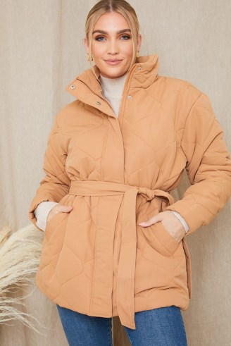 STACEY SOLOMON CAMEL RECYCLED QUILTED TIE WAIST PUFFER – padded celebrity inspired jackets