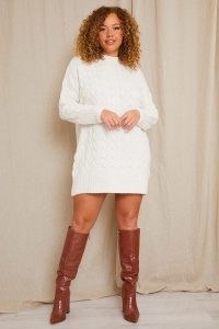 STACEY SOLOMON CREAM CABLE KNIT JUMPER MINI DRESS | celebrity inspired sweater dresses | women’s on-trend knitted fashion