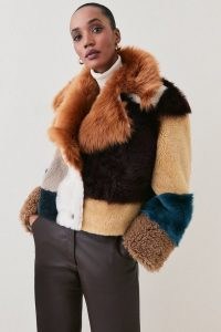 KAREN MILLEN Statement Shearling Patchwork Mix Coat ~ glamorous cropped winter coats ~ women’s retro inspired outerwear ~ multicoloured vintage style jackets