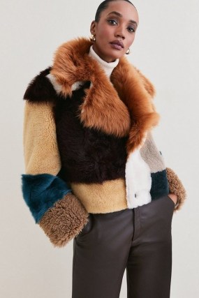 KAREN MILLEN Statement Shearling Patchwork Mix Coat ~ glamorous cropped winter coats ~ women’s retro inspired outerwear ~ multicoloured vintage style jackets - flipped