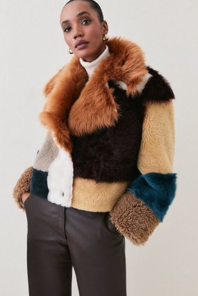 KAREN MILLEN Statement Shearling Patchwork Mix Coat ~ glamorous cropped winter coats ~ women’s retro inspired outerwear ~ multicoloured vintage style jackets