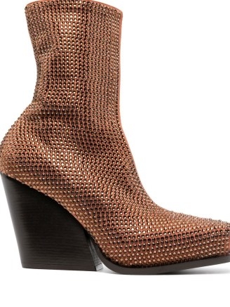 Stella McCartney Crystal Cowboy ankle boots in rust orange ~ women’s western footwear covered in crystals ~ chunky cuban heels - flipped