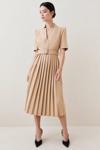 KAREN MILLEN Structured Crepe Forever Pleat Belted Midi Dress in Camel ~ women’s light brown pleated retro inspired dresses ~ womens vintage style clothes