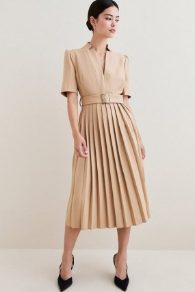 KAREN MILLEN Structured Crepe Forever Pleat Belted Midi Dress in Camel ~ women’s light brown pleated retro inspired dresses ~ womens vintage style clothes - flipped