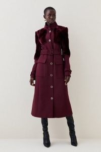 KAREN MILLEN Tall Italian Wool Shearling Mix Panel Longline Coat in Fig ~ women’s high neck belted coats