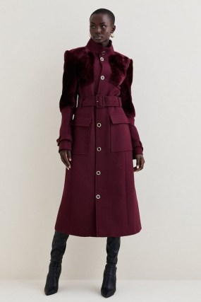 KAREN MILLEN Tall Italian Wool Shearling Mix Panel Longline Coat in Fig ~ women’s high neck belted coats - flipped