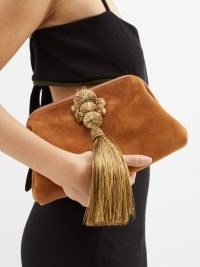 SERENA UZIYEL Alessa suede tassel clutch bag in tan – luxe light brown tasseled occasion bags
