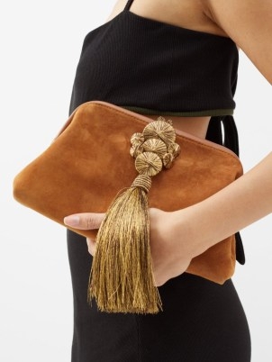 SERENA UZIYEL Alessa suede tassel clutch bag in tan – luxe light brown tasseled occasion bags - flipped