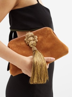 SERENA UZIYEL Alessa suede tassel clutch bag in tan – luxe light brown tasseled occasion bags