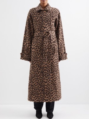 RAEY Oversized belted leopard jacquard wool coat in tan ~ glamorous longline animal print tie waist coats ~ winter glamour - flipped
