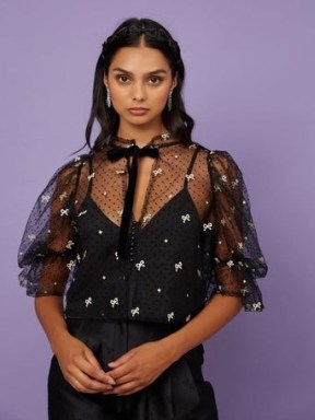 sister jane CURTAIN CALL Twirl Embroidered Bow Top in Black and Silver – romance inspired fashion – sheer tulle tops – see-through blouses with camisole - flipped