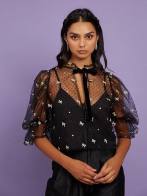 sister jane CURTAIN CALL Twirl Embroidered Bow Top in Black and Silver – romance inspired fashion – sheer tulle tops – see-through blouses with camisole