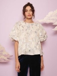 sister jane Beau Jacquard Top Ivory and Silver | romantic style fashion | floral puff sleeved tops | metallic details