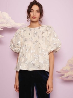 sister jane Beau Jacquard Top Ivory and Silver | romantic style fashion | floral puff sleeved tops | metallic details - flipped