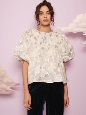 sister jane Beau Jacquard Top Ivory and Silver | romantic style fashion | floral puff sleeved tops | metallic details