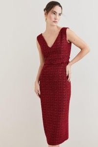 KAREN MILLEN Tweed Frayed Waistband Detail Midi Dress in Red ~ sleeveless V-neck pencil dresses ~ chic textured fashion ~ women’s classic clothes