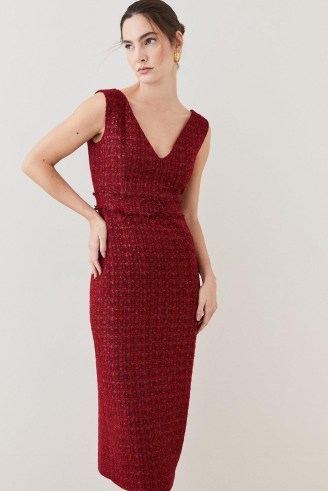 KAREN MILLEN Tweed Frayed Waistband Detail Midi Dress in Red ~ sleeveless V-neck pencil dresses ~ chic textured fashion ~ women’s classic clothes - flipped