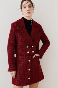 KAREN MILLEN Tweed Gold Button Cropped Frayed Edge Jacket in Red ~ women’s classic crop hem jackets