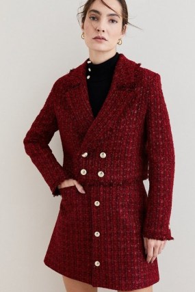 KAREN MILLEN Tweed Gold Button Cropped Frayed Edge Jacket in Red ~ women’s classic crop hem jackets - flipped