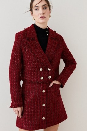 KAREN MILLEN Tweed Gold Button Cropped Frayed Edge Jacket in Red ~ women’s classic crop hem jackets