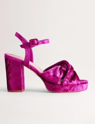 Boden Twist Front Platforms in Crushed Pink Velvet | plush block heel platform sandals | retro party shoes - flipped