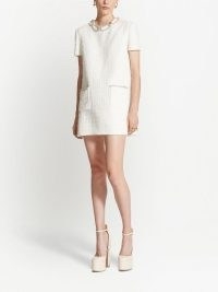 Valentino embroidered tweed short dress in white ~ short sleeved textured dresses ~ luxury vintage inspired fashion ~ metallic thread details