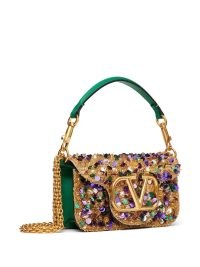 Valentino Garavani small Locò embellished shoulder bag in multicolour / green and gold bead and sequin embellished bags / luxe baguette handbags