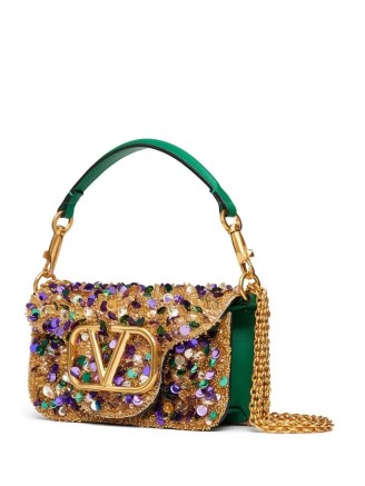 Valentino Garavani small Locò embellished shoulder bag in multicolour / green and gold bead and sequin embellished bags / luxe baguette handbags - flipped
