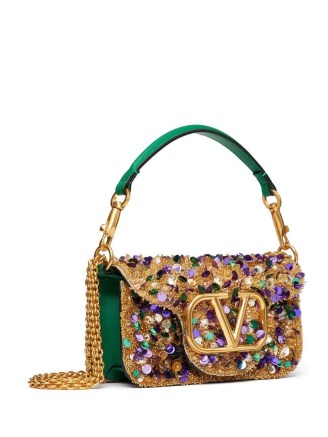 Valentino Garavani small Locò embellished shoulder bag in multicolour / green and gold bead and sequin embellished bags / luxe baguette handbags