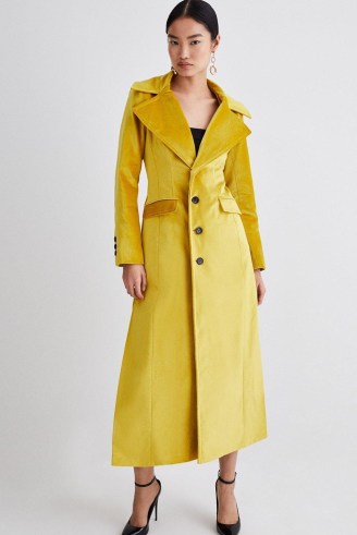 KAREN MILLEN Velvet Longline Coat in Ochre ~ plush yellow coats - flipped