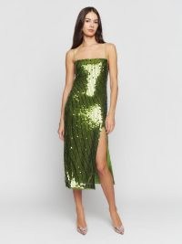 Reformation Vidette Dress in Green ~ sequinned spaghetti strap evening dresses ~ luxe sequin covered party fashion ~ high slit ~ glamorous midi length occasion clothes