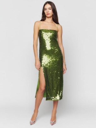 Reformation Vidette Dress in Green ~ sequinned spaghetti strap evening dresses ~ luxe sequin covered party fashion ~ high slit ~ glamorous midi length occasion clothes - flipped