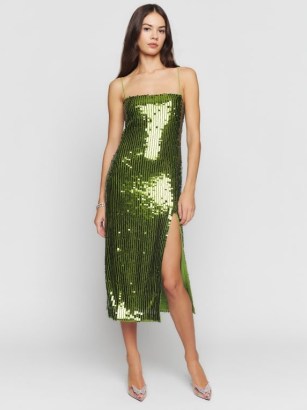 Reformation Vidette Dress in Green ~ sequinned spaghetti strap evening dresses ~ luxe sequin covered party fashion ~ high slit ~ glamorous midi length occasion clothes