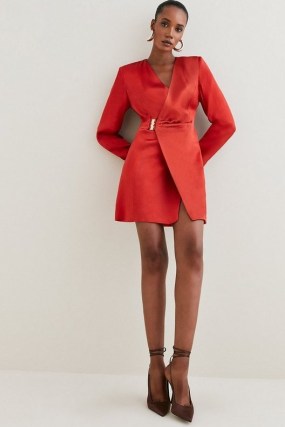 KAREN MILLEN Viscose Satin Clasp Blazer Dress in Copper ~ jacket inspired mini dresses - flipped