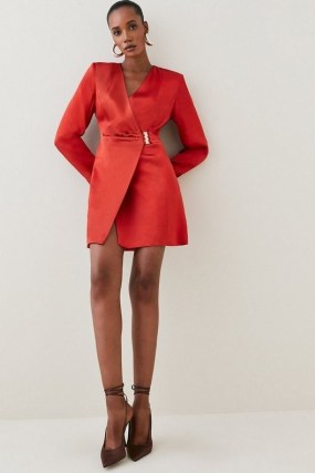 KAREN MILLEN Viscose Satin Clasp Blazer Dress in Copper ~ jacket inspired mini dresses