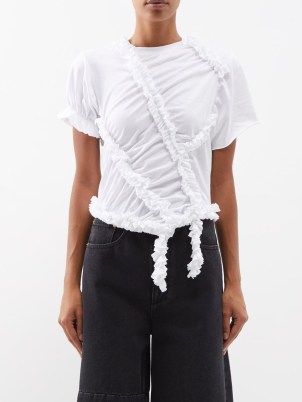 MM6 MAISON MARGIELA Asymmetric ruffle-trim cotton T-shirt in white / romantic ruffled tee / feminine short sleeve T-shirts