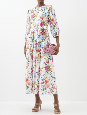 BORGO DE NOR Constance printed broderie-anglaise midi dress in white / floral cotton sash tie waist occasion dresses / multicoloured florals - flipped