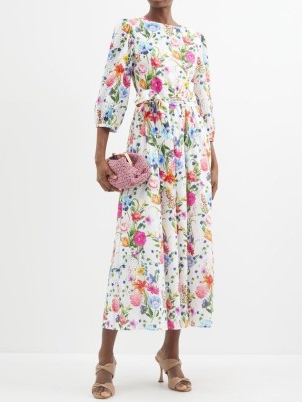 BORGO DE NOR Constance printed broderie-anglaise midi dress in white / floral cotton sash tie waist occasion dresses / multicoloured florals